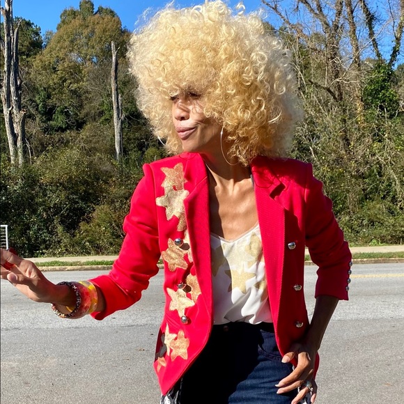 OOAK handpainted red Elizabeth James blazer jacket - Picture 3 of 6